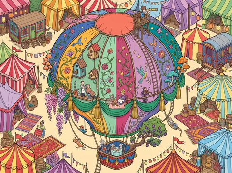 Patchwork Balloon Over the Festival Tents