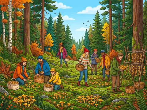 Foraging Chanterelles In Autumn Forest