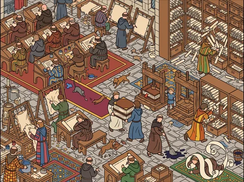 Monks at Work in a Medieval Scriptorium