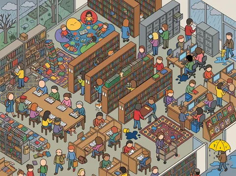 A Busy Public Library on a Rainy Day