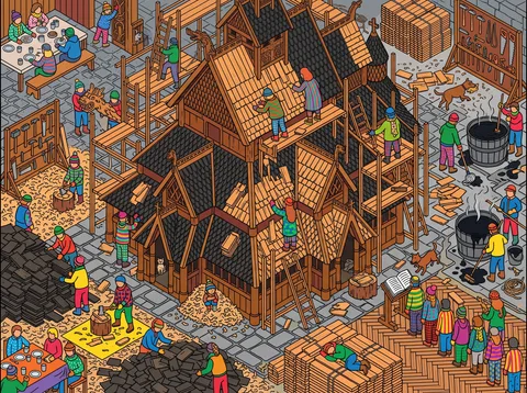 Workers Re-Shingling a Stave Church