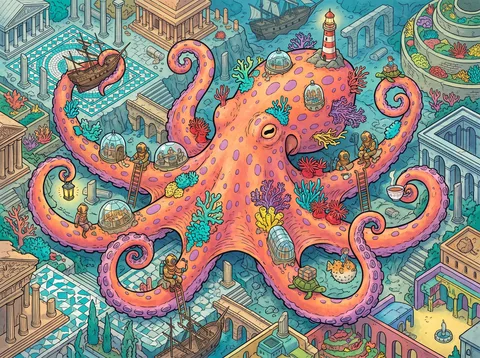 Octopus Among the Ruins of a Sunken City