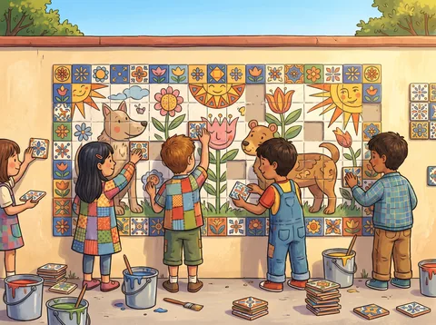 Children Tiling a Schoolyard Mural