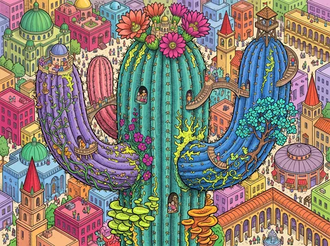 Saguaro Cactus Towering Over the Plaza Town