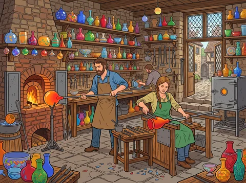 Glassblowers Shaping Molten Glass