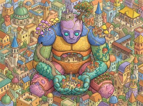 Patchwork Stone Golem Cradling a Village