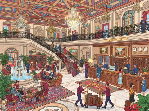 Grand Hotel Lobby with Fountain