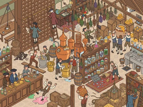Bustling 18th-Century Apothecary Workshop