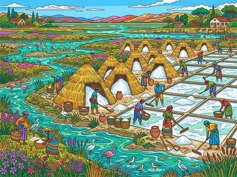 Salt Harvesting Beside A Wetland River