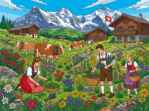 Picking Alpine Flowers In Meadow