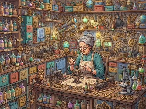 Inventor Working at a Cluttered Workbench