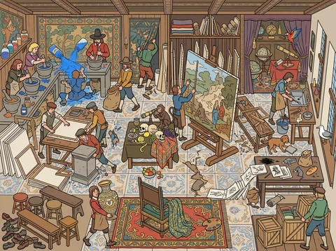 A Baroque Painter's Workshop at Work