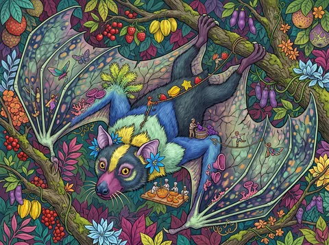 Fruit Bat Hanging in the Orchard Canopy