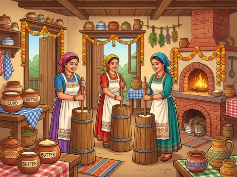 Three Women Churning Butter Together