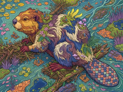 Beaver Raising a Dam on the Winding River