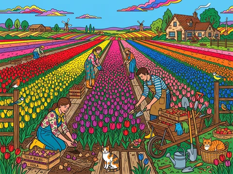 Family Planting Tulips In Field