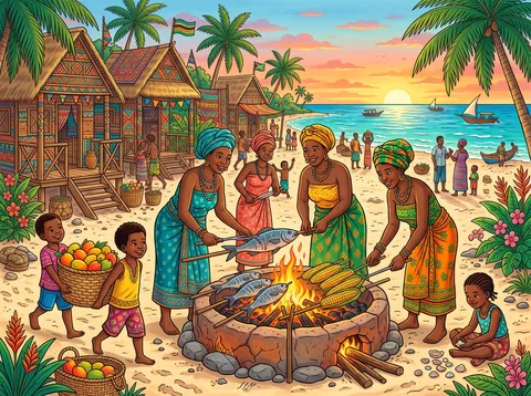 Roasting Fish On Tropical Beach