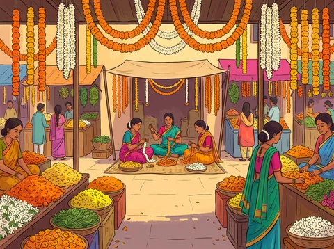 Threading Marigold Garlands At Market