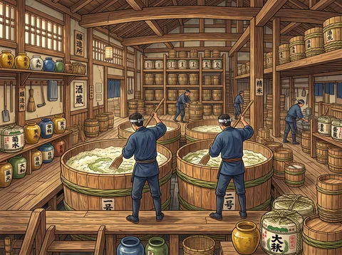 Stirring Sake Mash In A Brewery