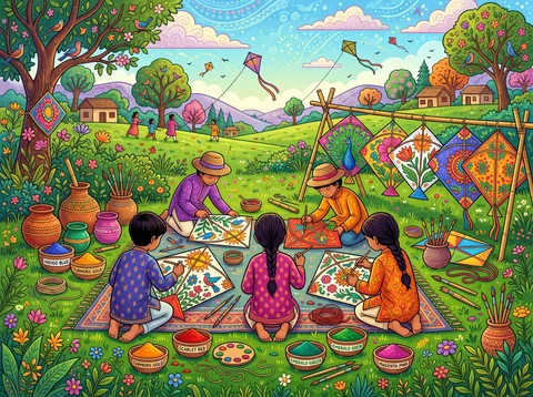 Children Painting Kites On Grass