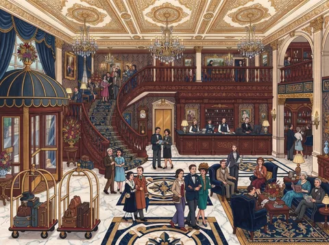 Grand Hotel Lobby with Curved Staircase