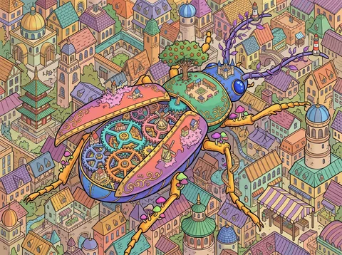 Clockwork Beetle Crossing the Rooftop City