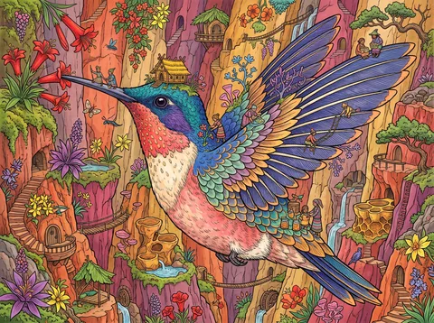Hummingbird Hovering Above the Cliff Villages