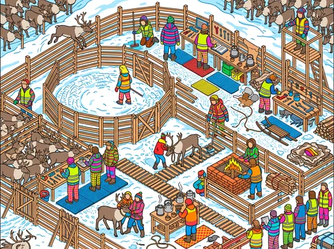 Reindeer Round-Up in a Snowy Corral