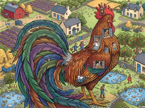 Cockerel Over the Farm Village