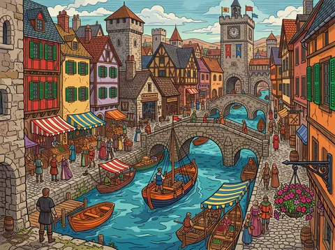 Bustling Medieval Canal Town