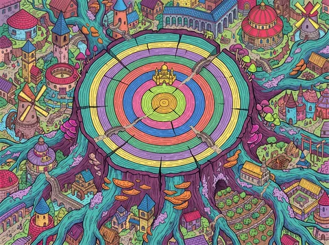 Rainbow Tree Stump and Its Rooted Town