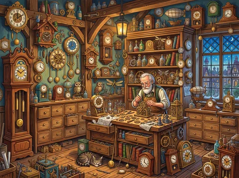 Clockmaker's Workshop Full of Clocks