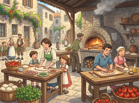 Families Making Pizza in a Village Square