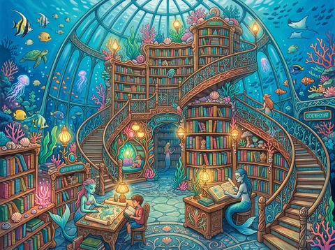 Underwater Library Inside a Glass Dome