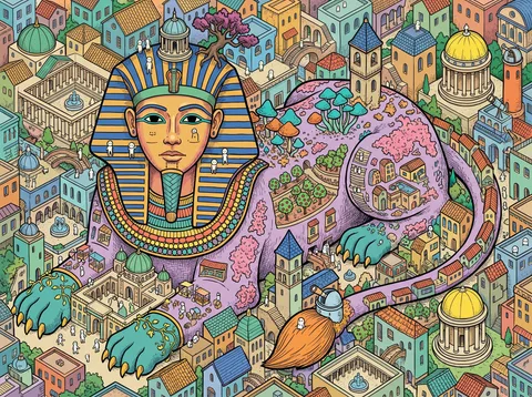 Lilac Sphinx Reclining Among Domed Rooftops