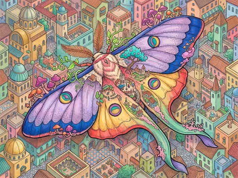 Moon Moth Resting Over a Pastel Town