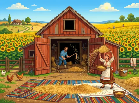 Threshing Grain By The Sunflower Barn