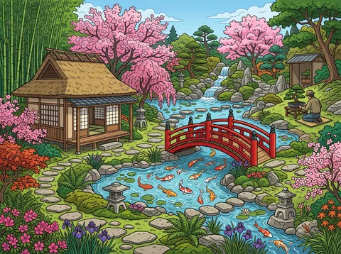 Koi Pond and Red Bridge Garden
