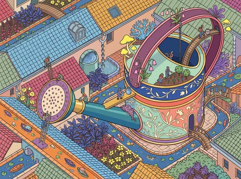 Painted Watering Can Above the Canal Rooftops