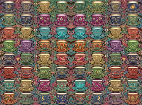 Rows of Ornate Painted Teacups