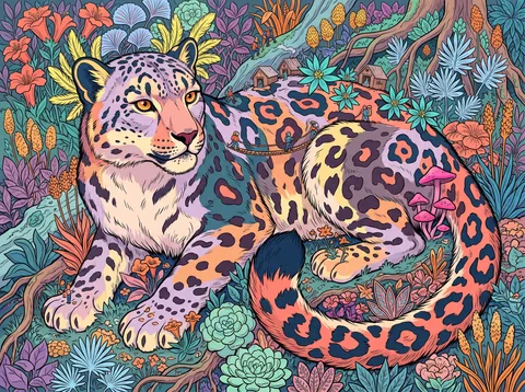 Snow Leopard Resting in a Flowering Thicket