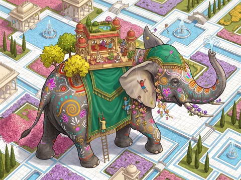 Painted Elephant Strolling Through the Palace Gardens