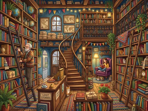 Cozy Bookshop with Spiral Staircase
