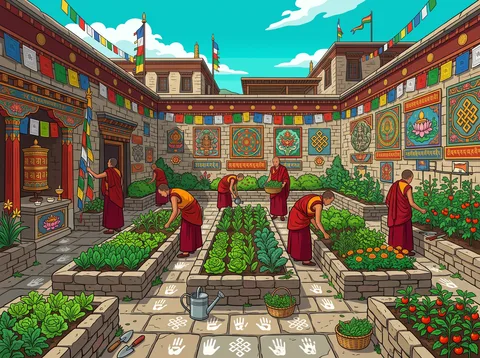 Monks Tending A Temple Courtyard Garden