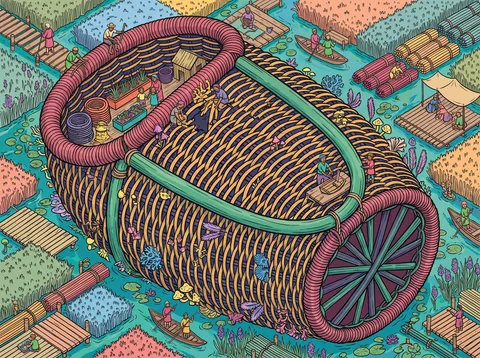 Wicker Basket Moored in the Reed Delta