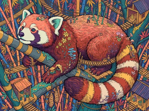 Red Panda on the Bamboo Rope Bridges