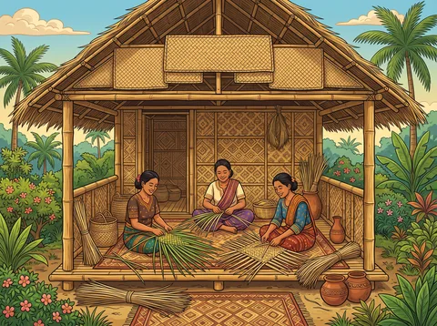 Weaving Palm Mats on a Bamboo Porch