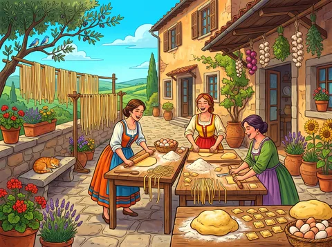 Women Making Pasta In Courtyard
