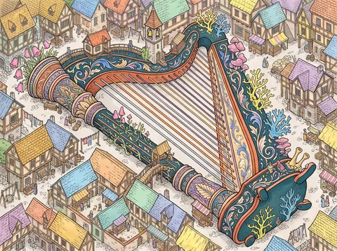 Harp Laid Across the Half-Timbered Town
