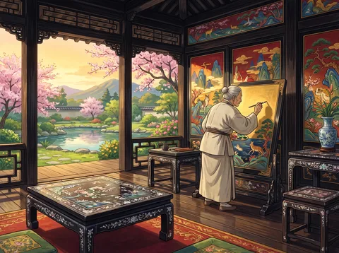 Lacquer Painter in a Blossom Pavilion